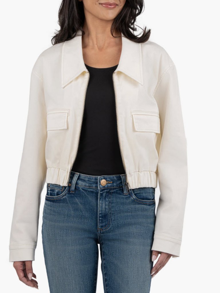 Kut From The Kloth Meadow Zip Crop Denim Jacket In Pearl, Size Xl